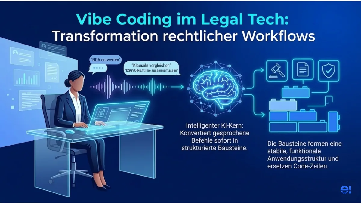 Infografik Wie Anwälte Vibe Coding nutzen um Sprachbefehle in automatisierte Legal-Tech-Tools umzuwandeln