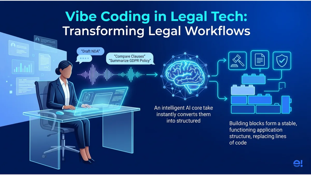 Infographic showing a lawyer using Vibe Coding to transform natural language prompts into automated legal tools