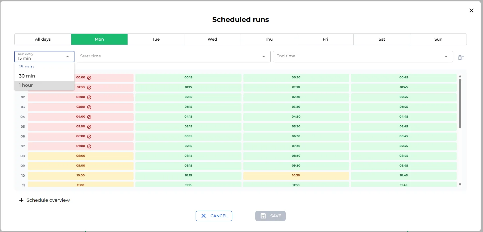 Schedule picker with day, time slot, and repeat options