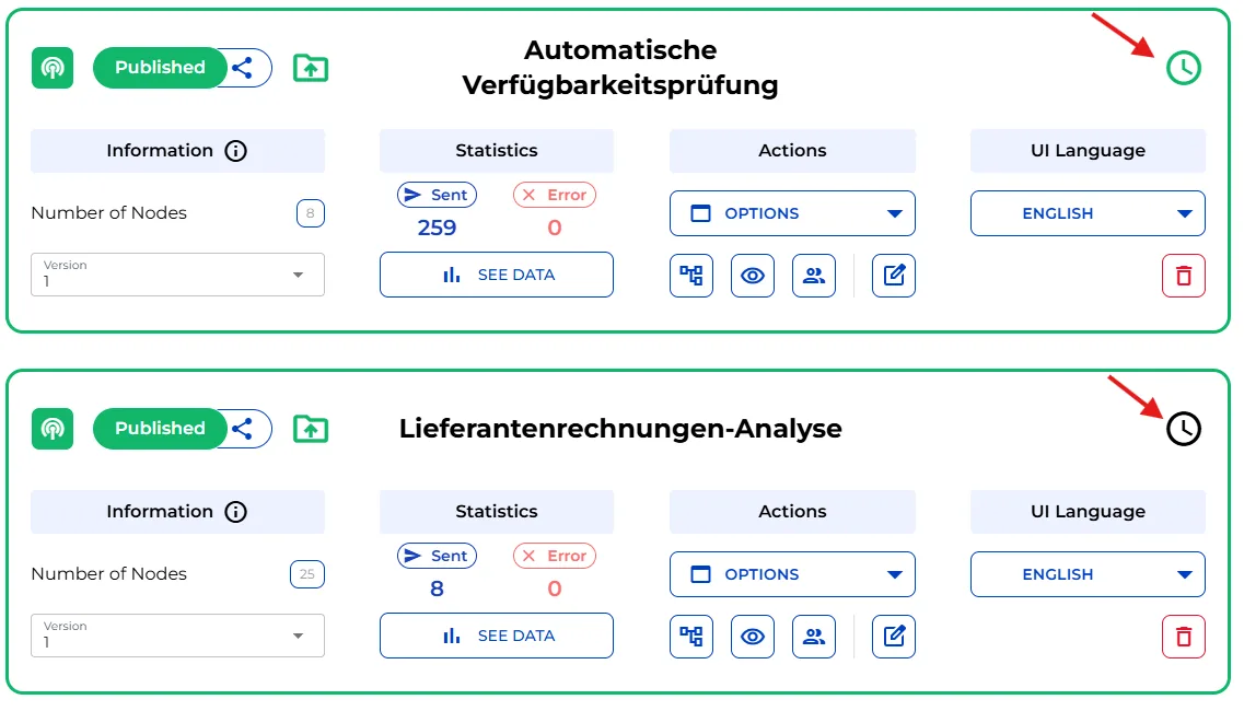 Das Uhrsymbol auf zwei veröffentlichten Bot-Karten: grün bei aktivem Zeitplan, schwarz wenn noch keiner eingerichtet ist