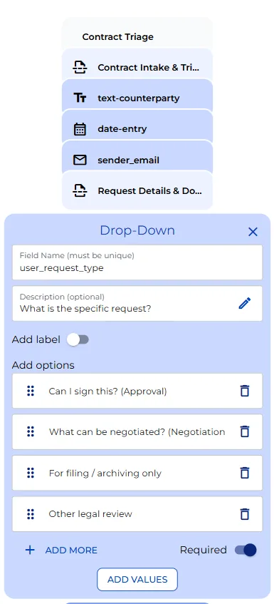 Intake fields and the request type dropdown configuration in the bot builder