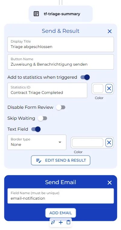 Konfiguration des Send-and-Result-Knotens und des automatischen E-Mail-Benachrichtigungsknotens