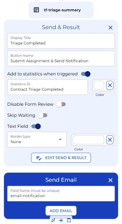 Send and Result node configuration and the automatic email notification node