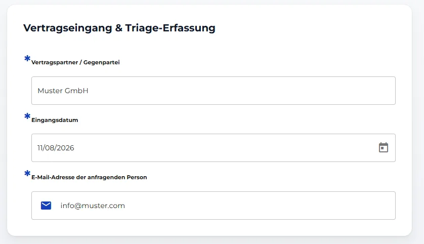 Erfassungsbildschirm für Vertragseingang und Triage mit den Feldern für Gegenpartei, Datum und E-Mail der anfragenden Person