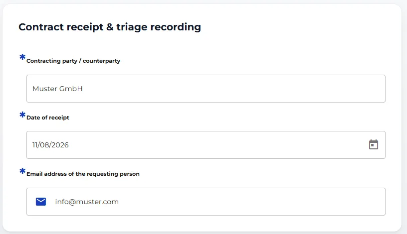Contract receipt and triage recording screen with counterparty, date, and requester email fields