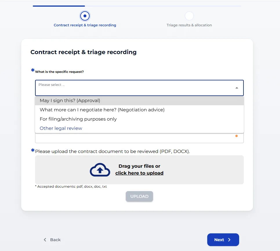 Request type dropdown and file upload widget on the contract receipt and triage recording screen