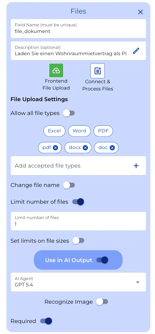 Upload node configuration for the residential lease, required and limited to one PDF or Word file