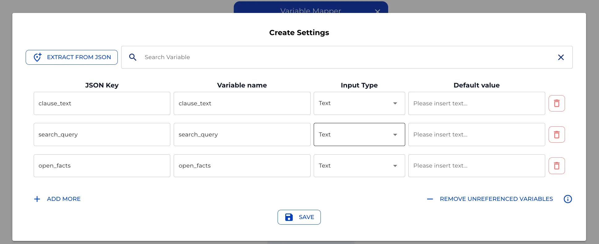 Variable mapper splitting the JSON answer into clause_text, search_query and open_facts