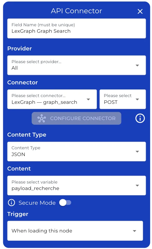 API connector configuration for the LexGraph graph search, triggered when the node loads