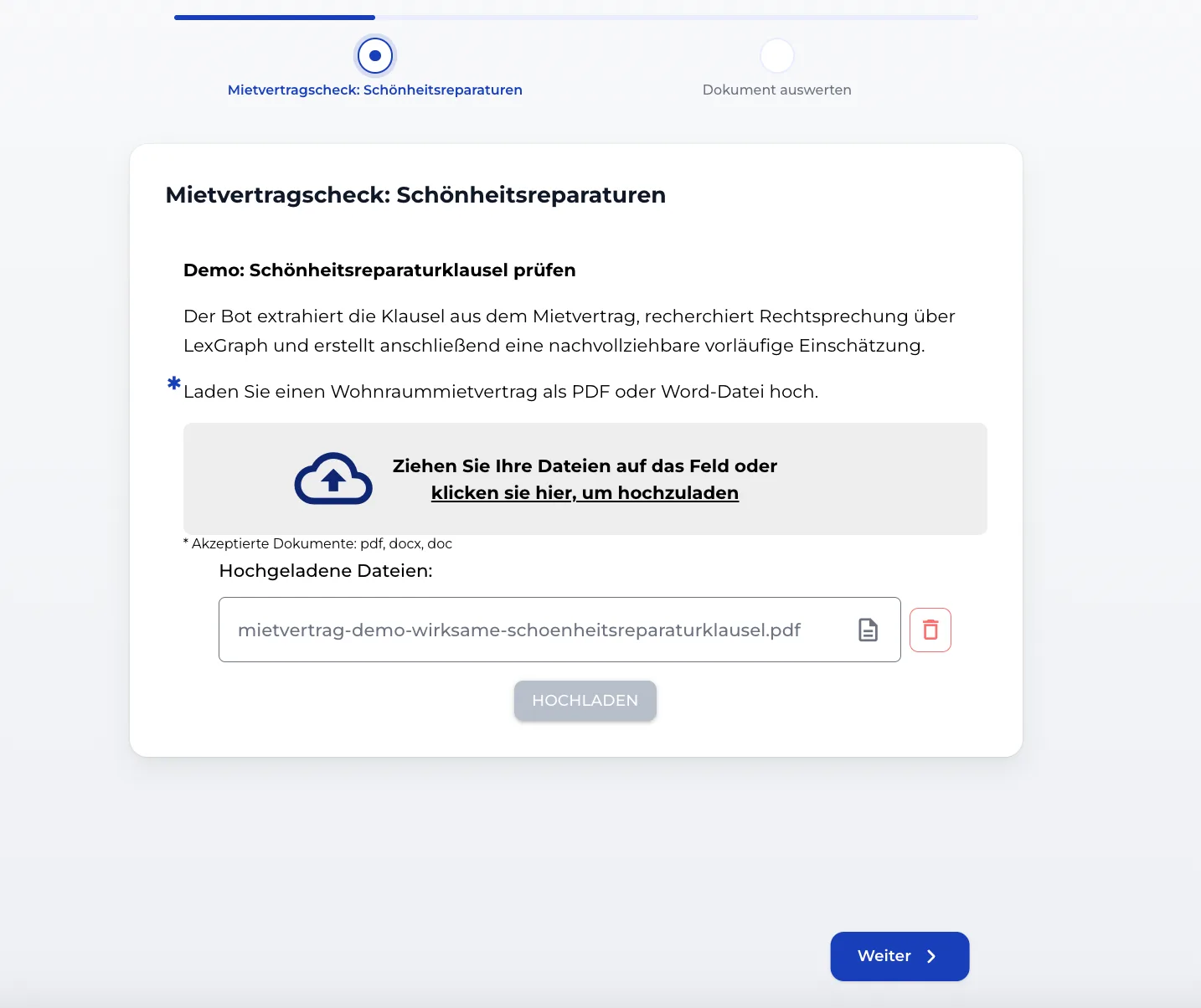 Start page of the bot with the intro text and the required upload field for the lease