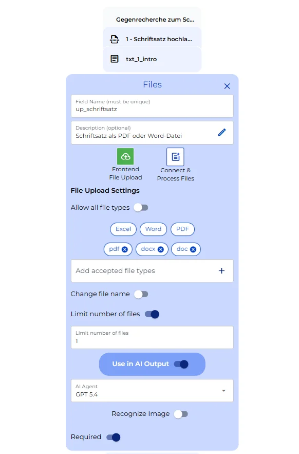 Konfiguration des Upload-Knotens für den gegnerischen Schriftsatz, begrenzt auf eine PDF- oder Word-Datei