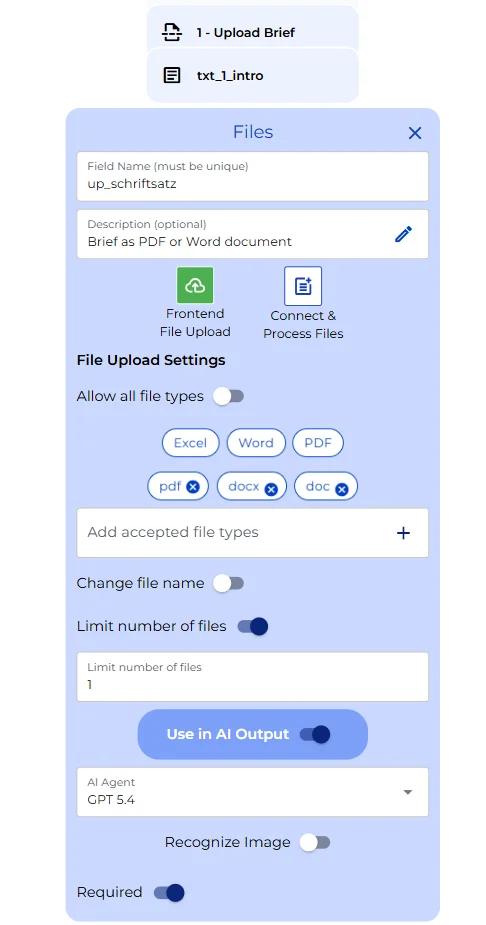 File upload node configuration for the opposing brief, capped at one PDF or Word file