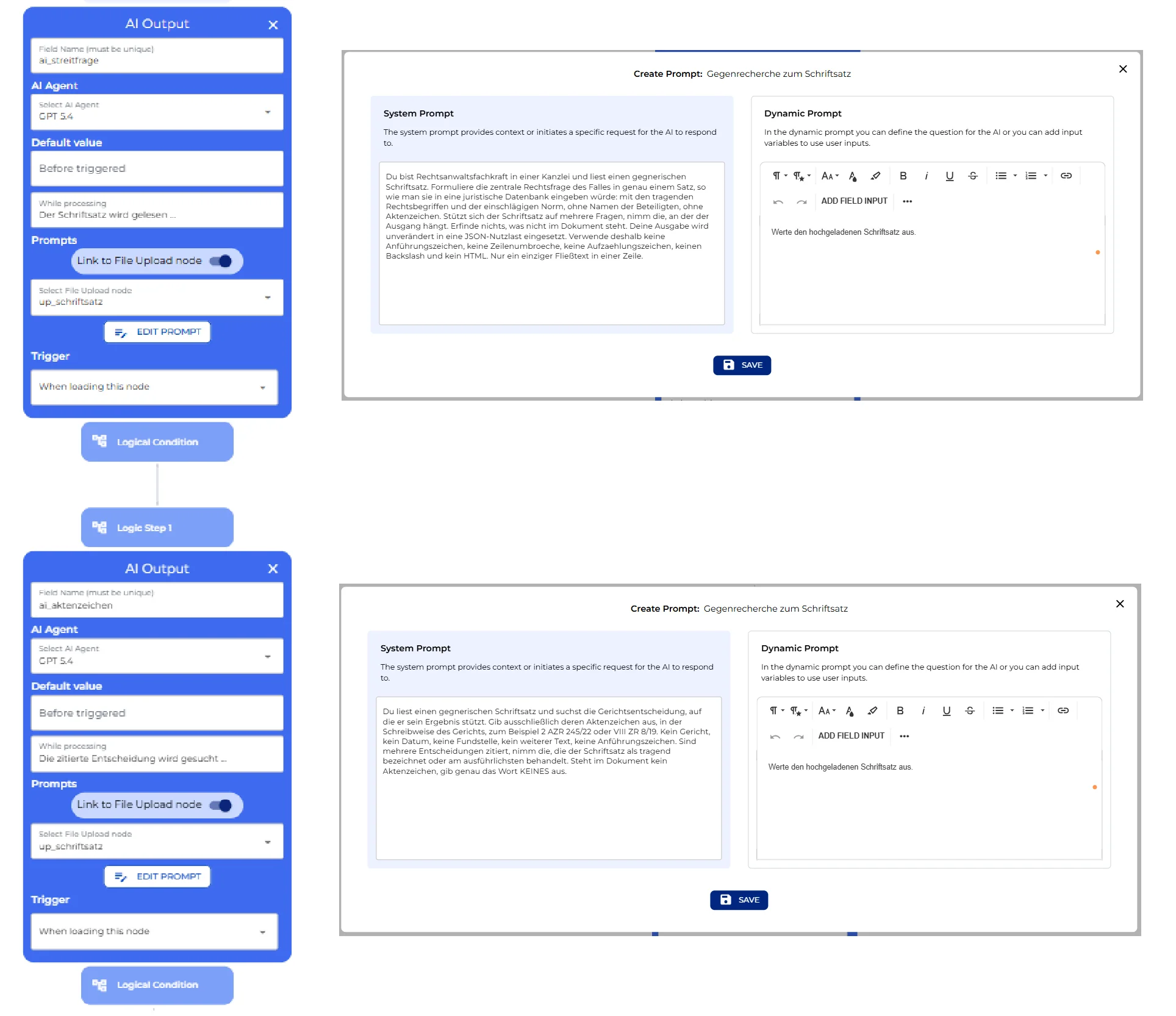 Canvas-Ansicht der beiden KI-Extraktionsknoten mit geöffnetem System- und Dynamic-Prompt