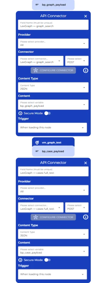 API Connector configuration for the LexGraph case-law search and the full-text retrieval