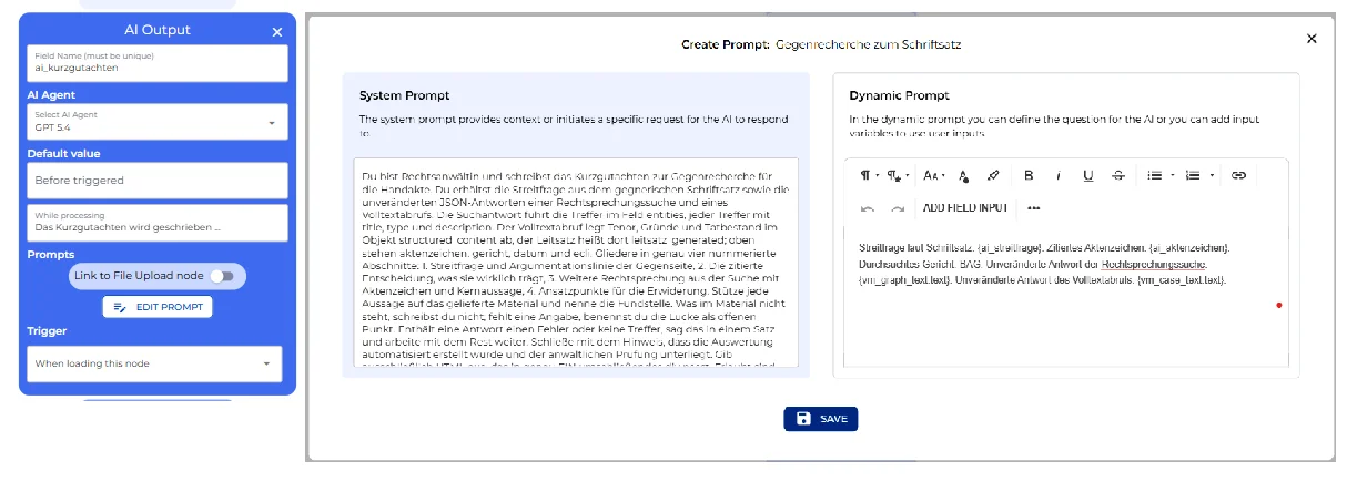 KI-Ausgabe-Knoten für das Kurzgutachten mit System- und Dynamic-Prompt