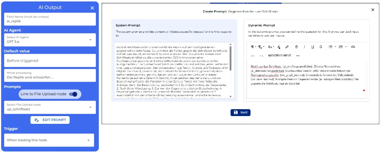 KI-Ausgabe-Knoten für den Replikentwurf mit System- und Dynamic-Prompt