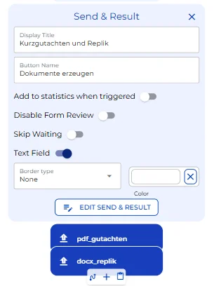 Konfiguration des Send-and-Result-Knotens mit den PDF- und Word-Exportknoten für Gutachten und Replik