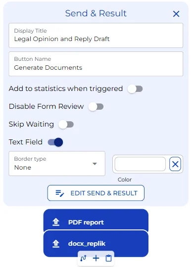 Send and Result node configuration with the PDF and Word export nodes for the opinion and reply