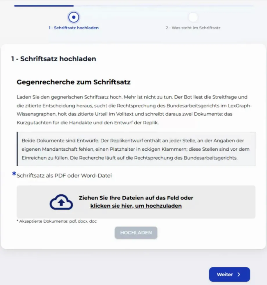 Bildschirm zum Hochladen des Schriftsatzes auf der Nutzerseite mit bereits ausgewähltem Beispiel-Schriftsatz