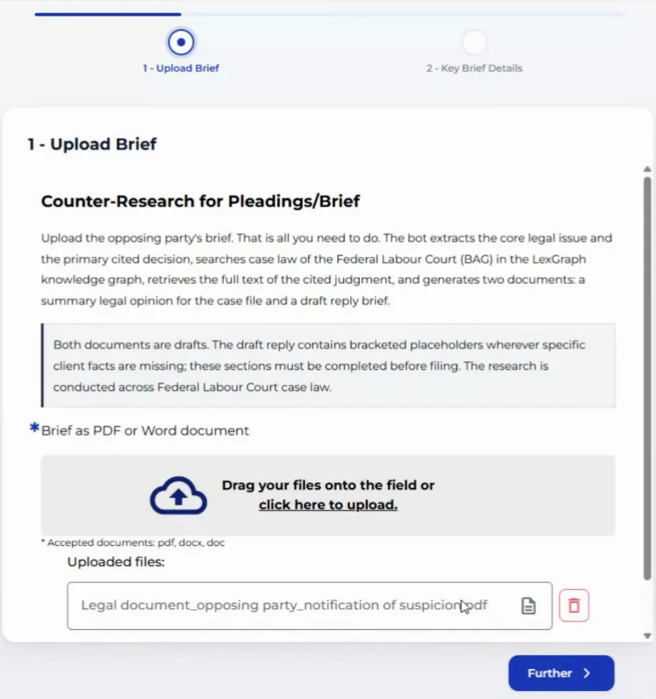 Upload Brief screen on the user side with a sample brief already selected
