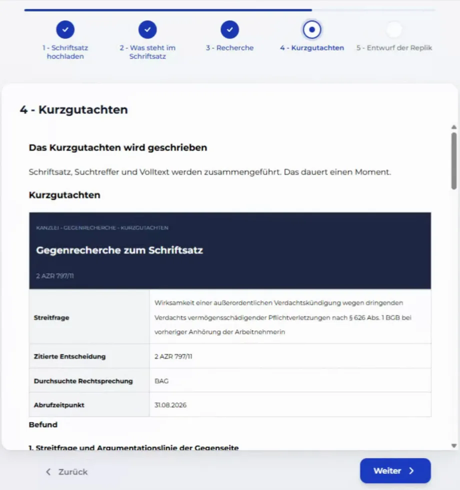 Ergebnis des Kurzgutachtens mit Kopftabelle und Befund