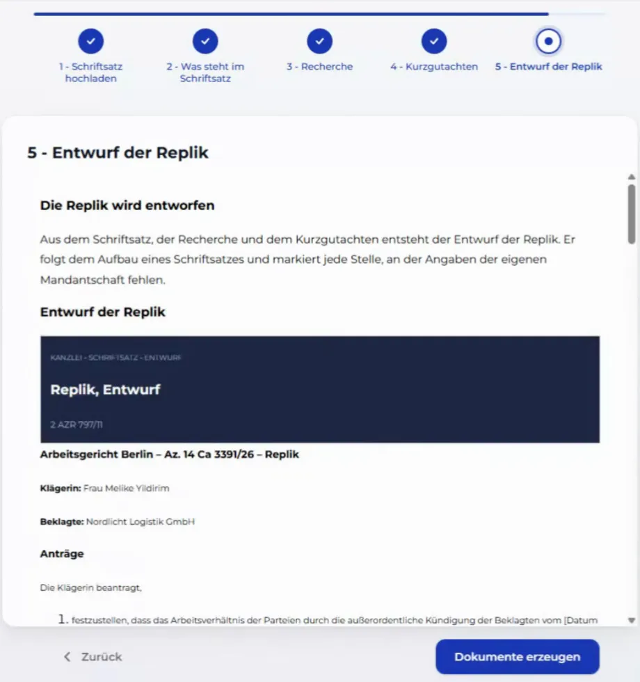 Entwurf der Replik mit dem Begründungsabschnitt und einem Platzhalter in eckigen Klammern