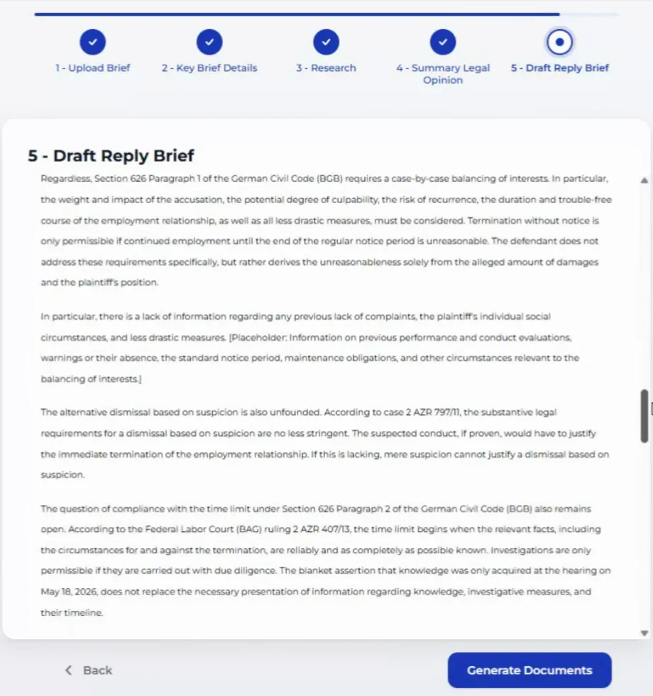 Draft reply brief showing the argument section with a bracketed placeholder