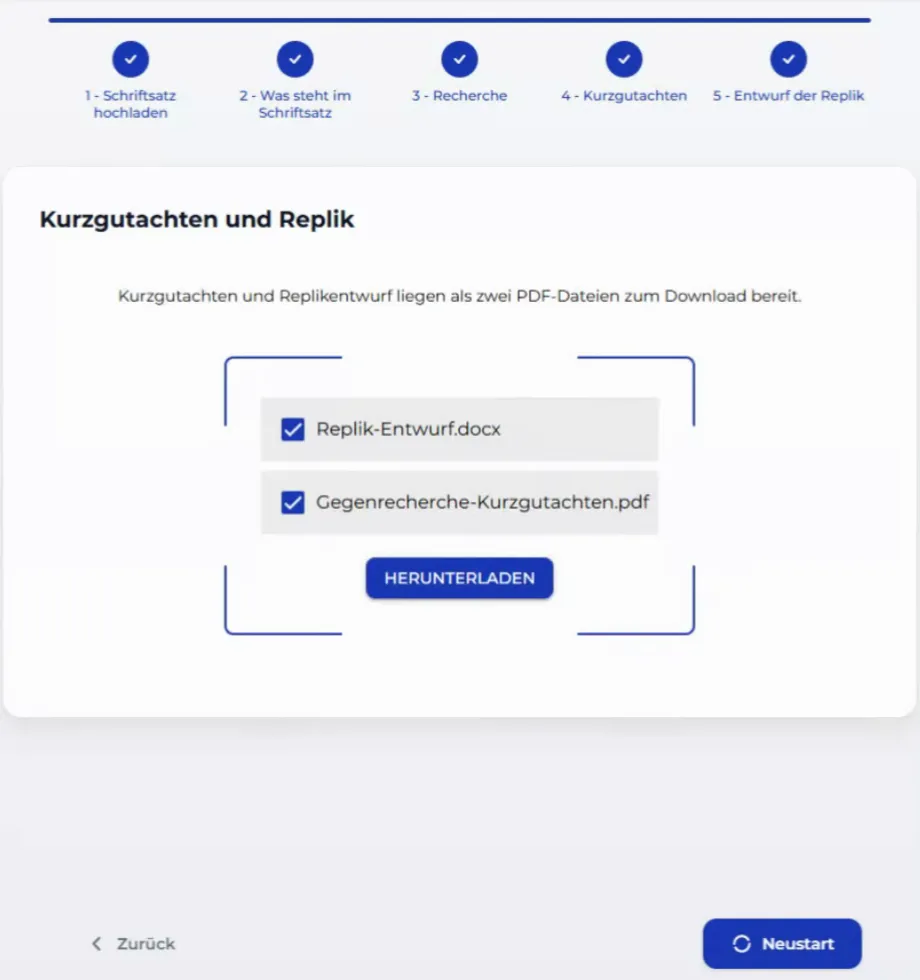Abschlussbildschirm mit Kurzgutachten-PDF und Replik-Entwurf als DOCX zum Download
