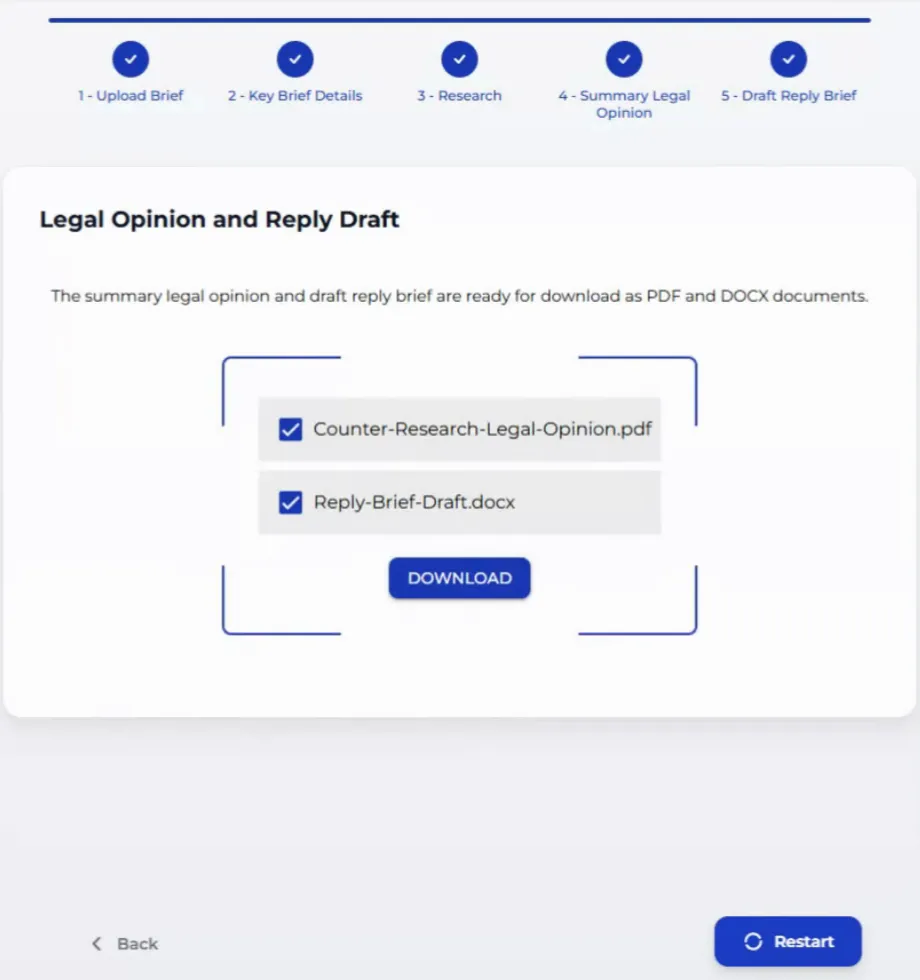 Final screen offering the legal opinion PDF and reply draft DOCX for download