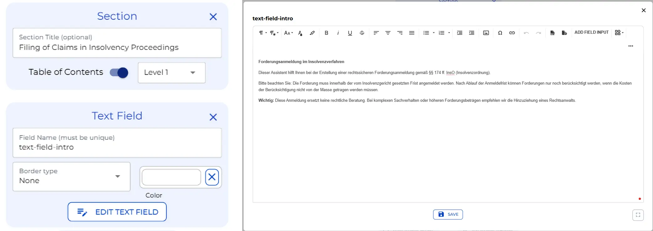 Opening section node showing legal context text with paragraph references, deadline rules, and legal counsel disclaimer