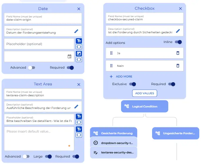 Claim description text area with placeholder guidance, and the collateral yes/no branch showing the security type dropdown and description field