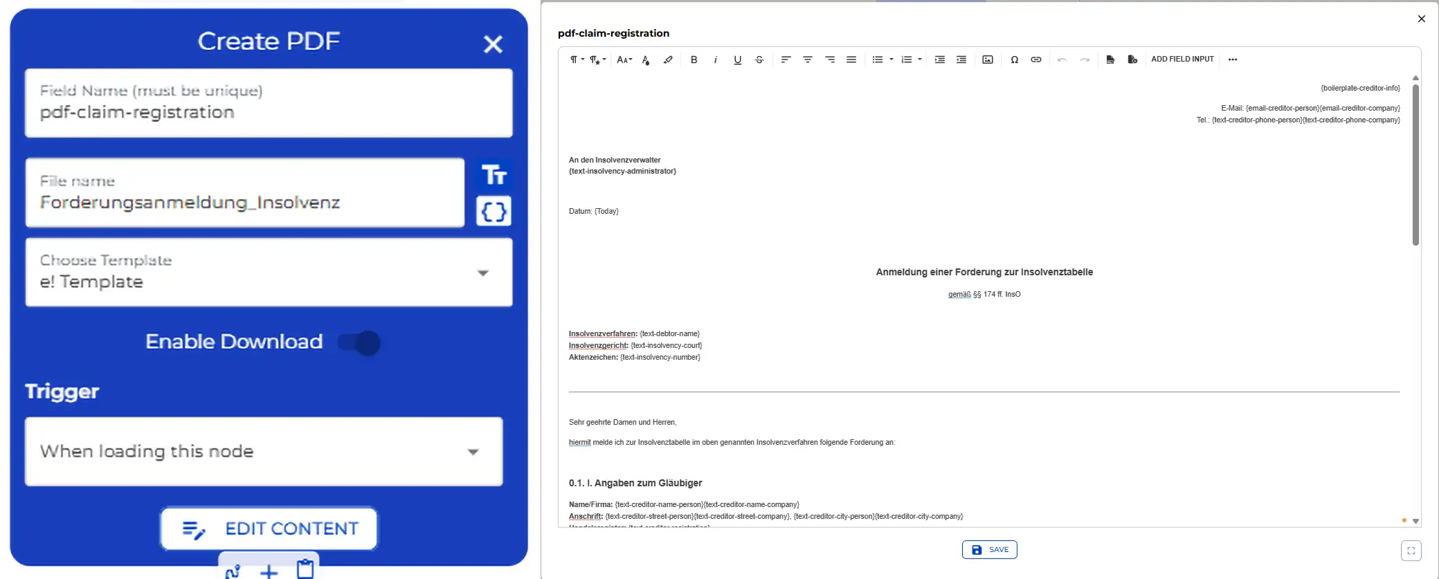 PDF generation node configuration showing the seven-section claim letter template and the download button output