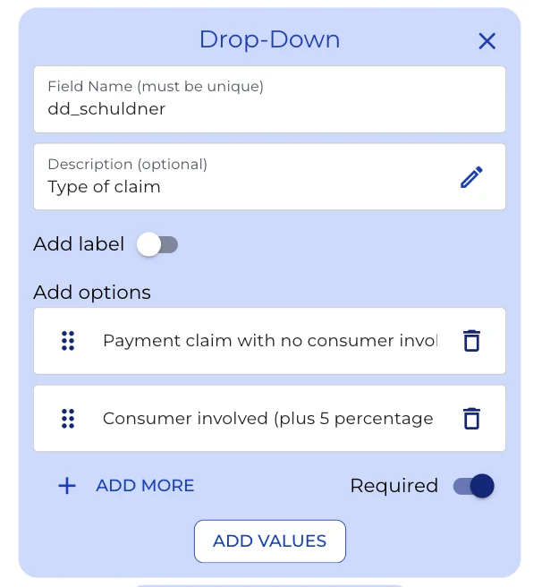 Dropdown node dd_schuldner with the two types of claim