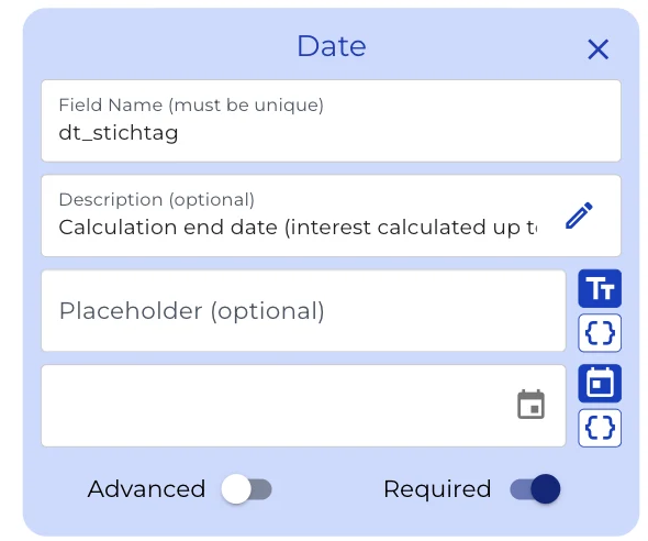Date node dt_stichtag for the calculation end date, marked as required