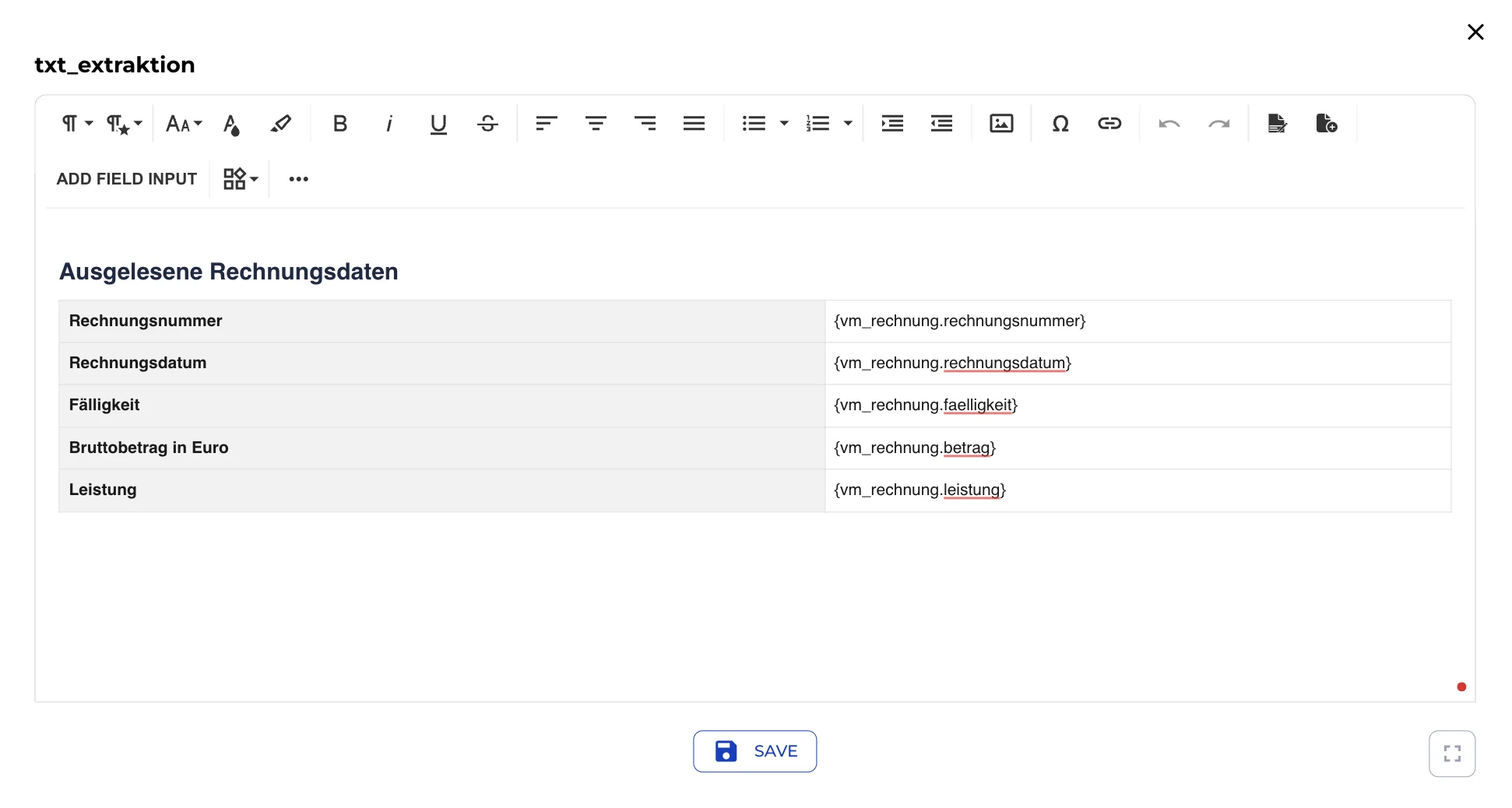 Textfeld-Knoten txt_extraktion mit der Tabelle „Ausgelesene Rechnungsdaten“ und eingefügten Variablen