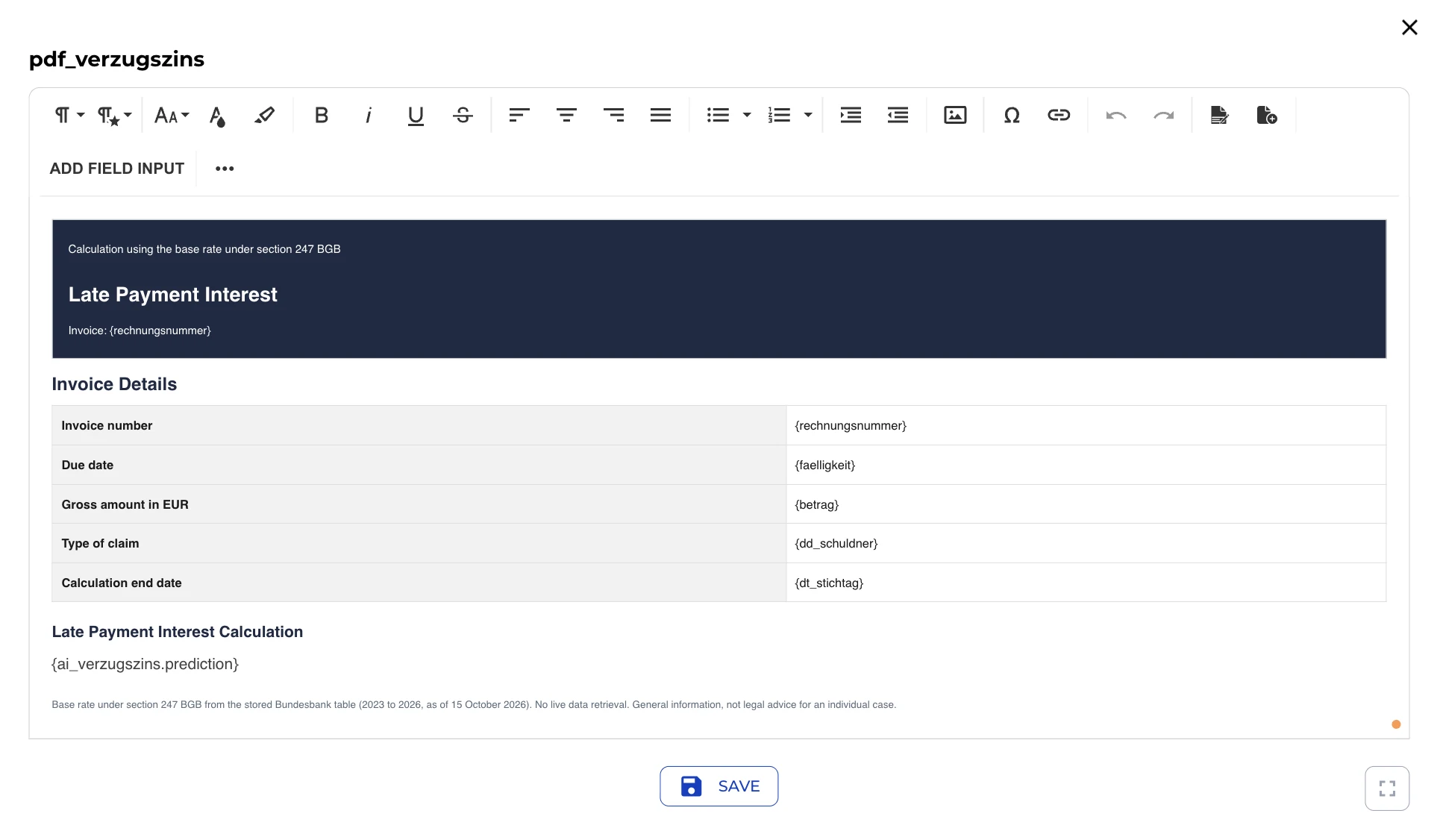PDF template editor for pdf_verzugszins with header, invoice details, calculation and source note