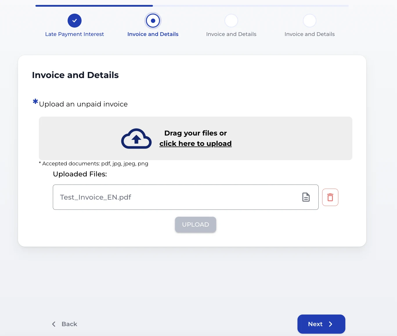 Upload screen with the sample invoice uploaded