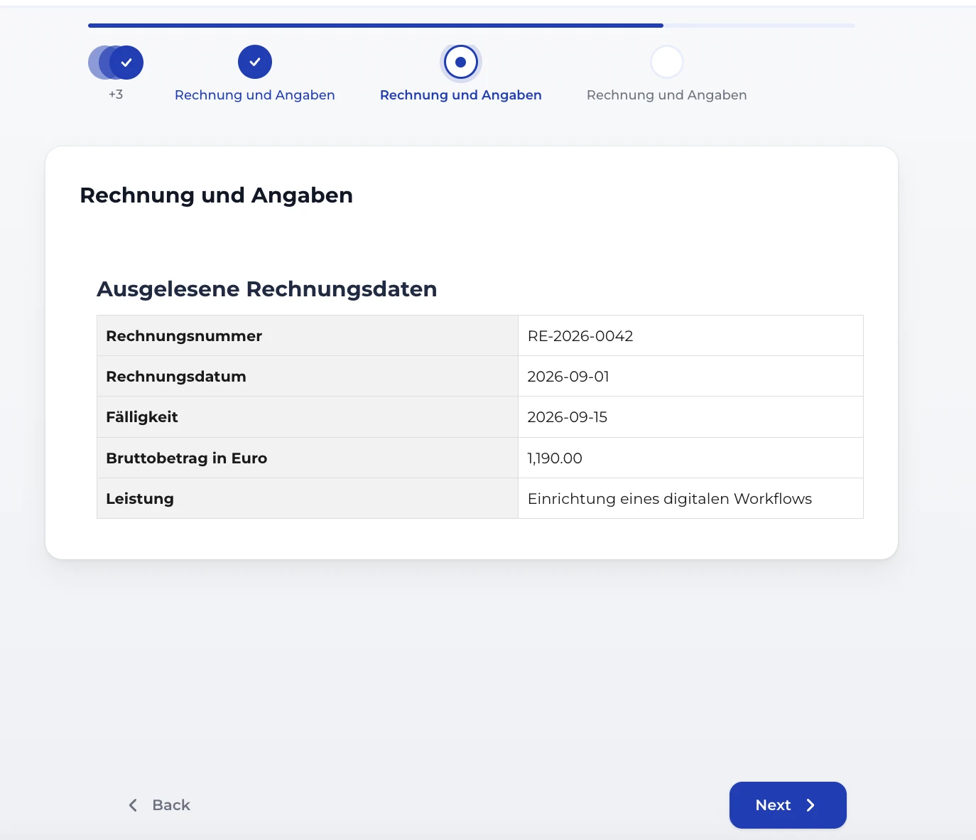 Tabelle „Ausgelesene Rechnungsdaten“ in der Nutzeransicht
