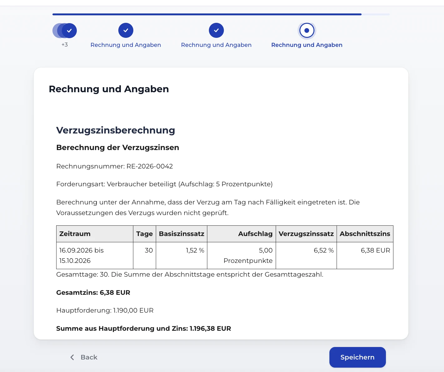 Verzugszinsberechnung mit Forderungsart, Annahme zum Verzugsbeginn, Abschnittstabelle und Summen