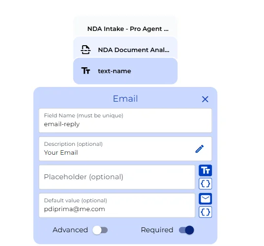Email field configuration in the NDA bot builder, showing the email-reply field with a default value