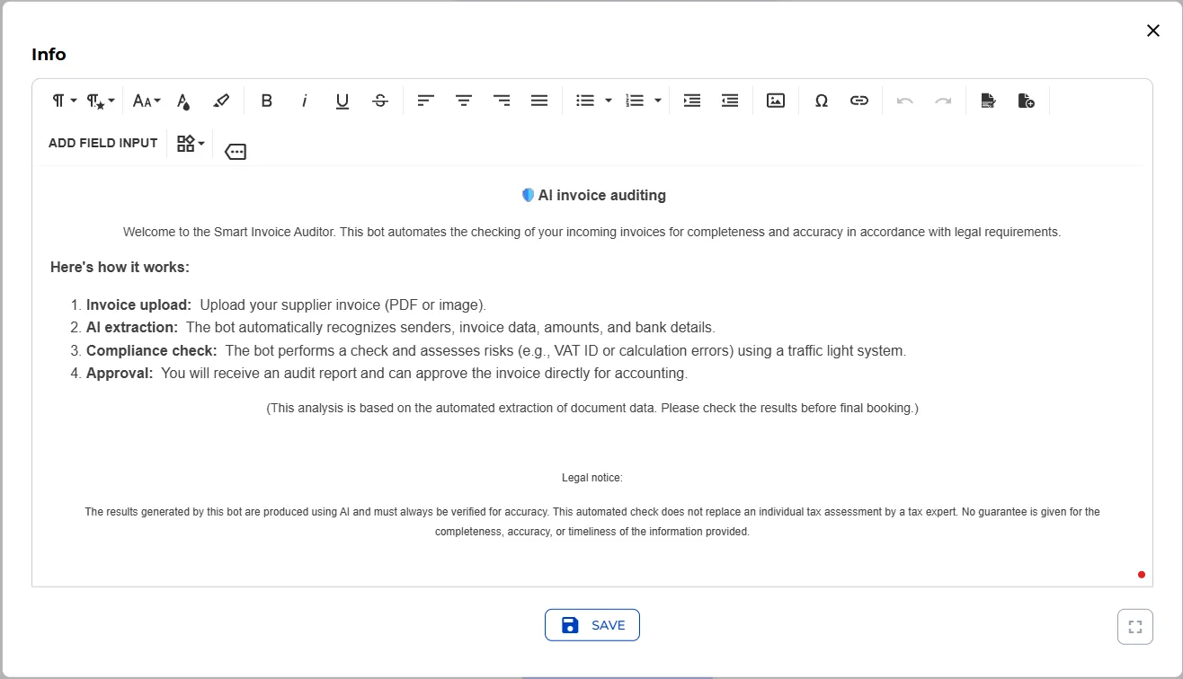 Welcome panel and legal notice configured in the Info text field