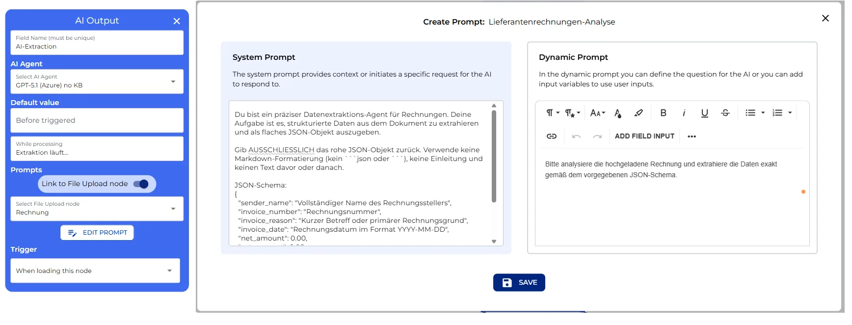 System-Prompt und dynamischer Prompt des KI-Ausgabe-Knotens für die Rechnungsdatenextraktion