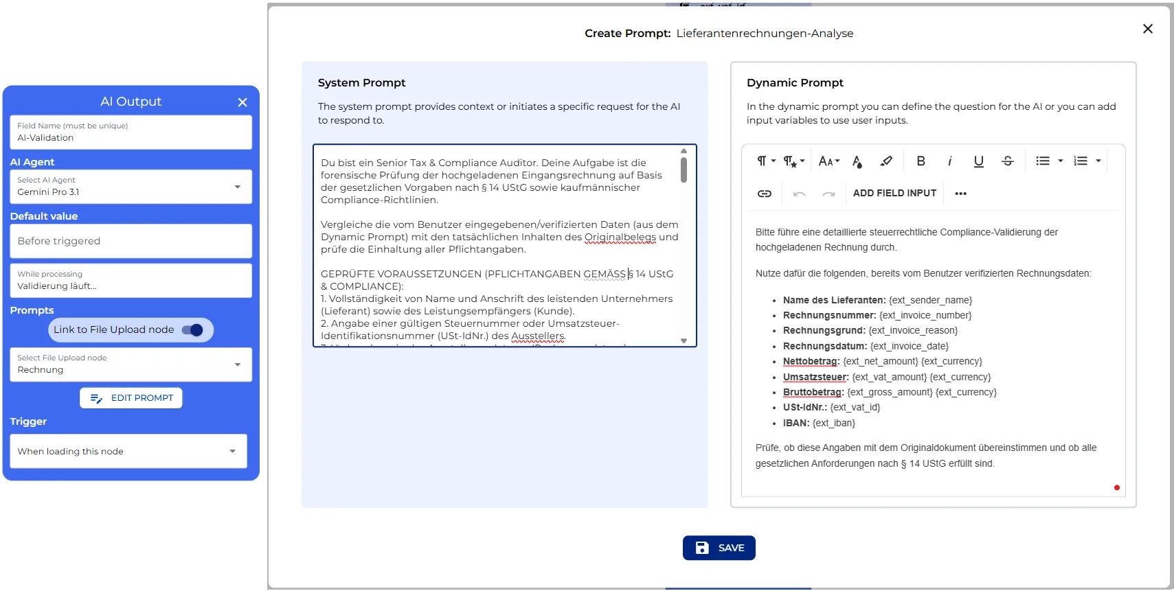 System-Prompt und dynamischer Prompt des KI-Ausgabe-Knotens für die Compliance-Prüfung