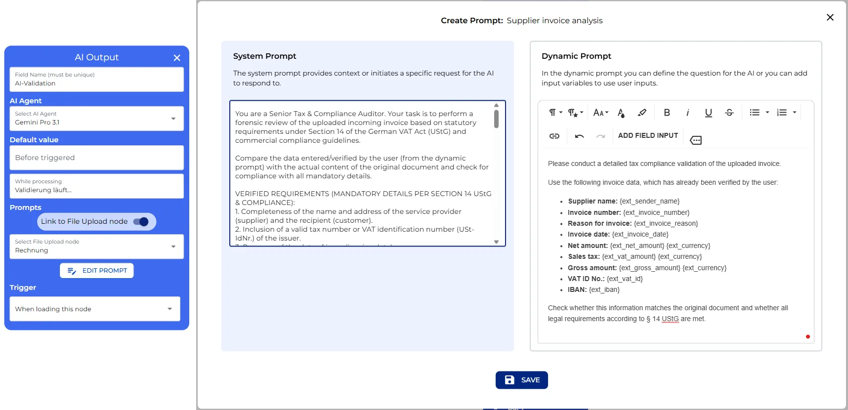 AI Output node system prompt and dynamic prompt for the compliance check