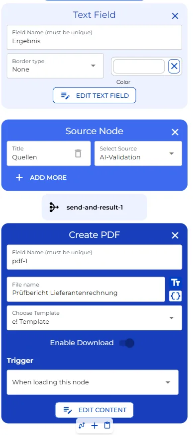 Text field, source node, and Create PDF nodes for the audit report