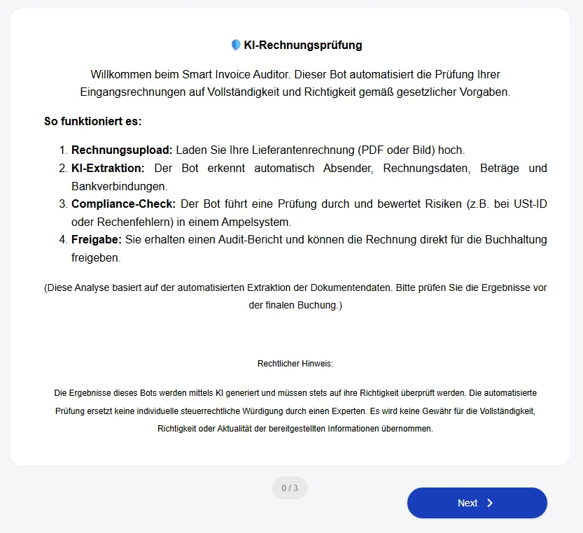Willkommensbildschirm im Frontend des Smarten Eingangsrechnungsprüfers