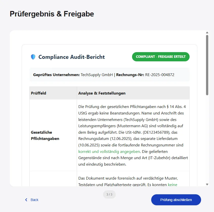 Compliance-Prüfbericht und Freigabe-Bildschirm im Frontend des Smarten Eingangsrechnungsprüfers