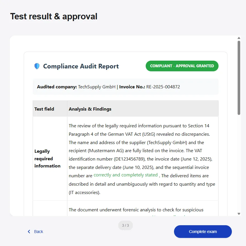 Compliance audit report and approval screen on the Smart Invoice Auditor front end