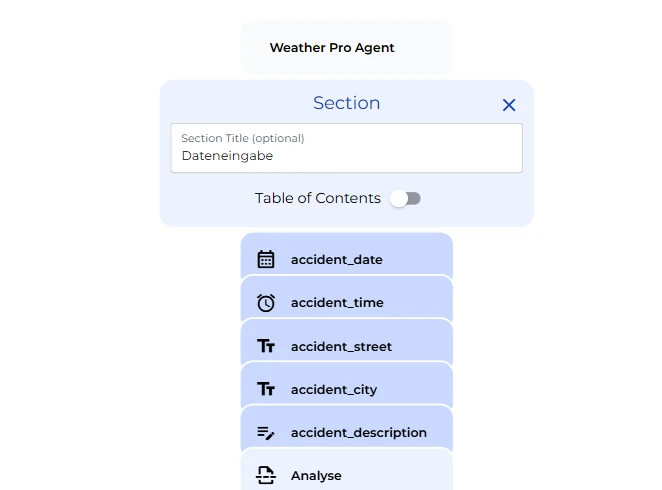 Dateneingabe section node and the accident data fields in the bot builder