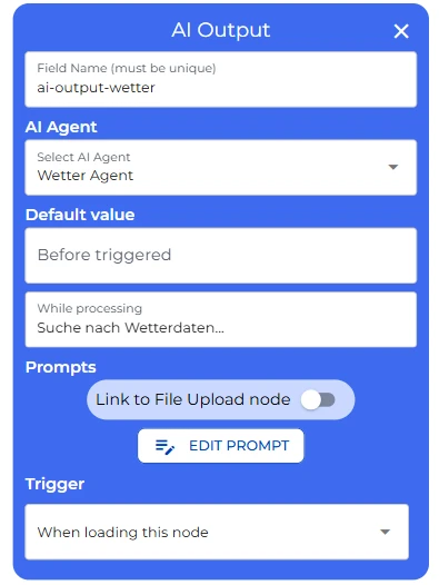 Konfiguration des AI-Output-Knotens für den Wetter-Agenten mit automatischem Trigger und Statusmeldung